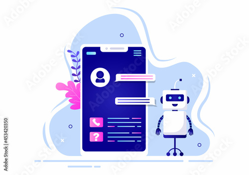 Robot Virtual Assistance or Chatbot Background Vector illustration. People smartphone conversation with Online technical support and Messaging