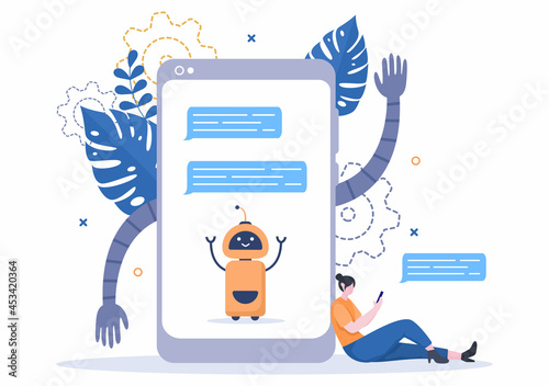 Robot Virtual Assistance or Chatbot Background Vector illustration. People smartphone conversation with Online technical support and Messaging