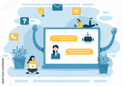 Robot Virtual Assistance or Chatbot Background Vector illustration. People smartphone conversation with Online technical support and Messaging