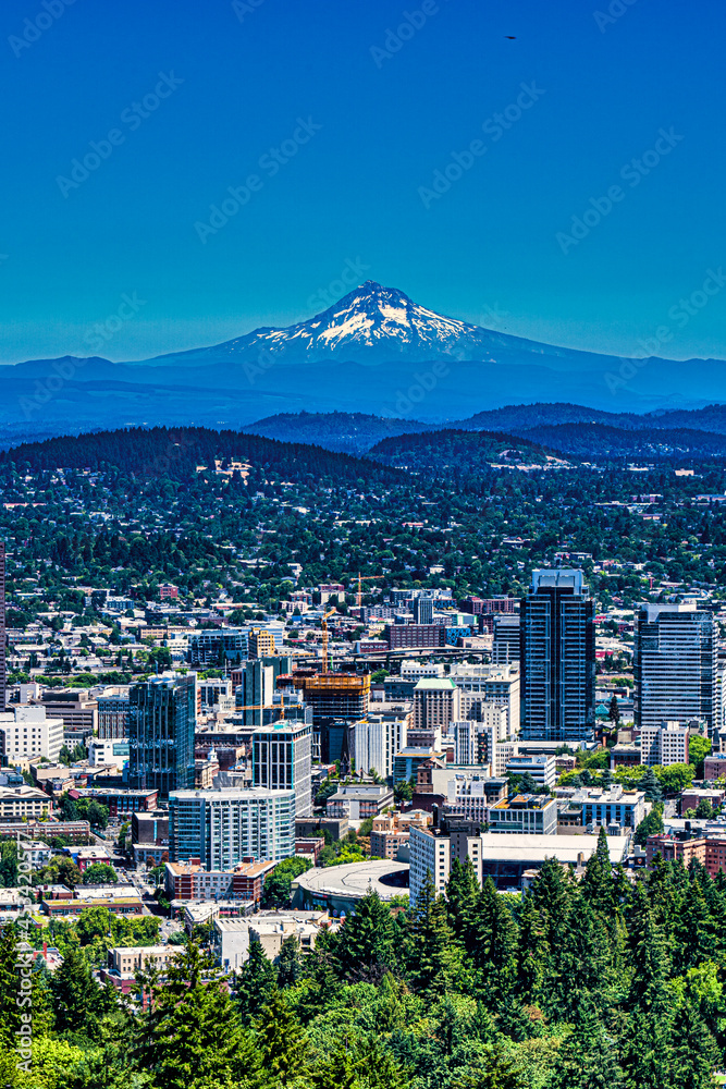 Portland and Mt Hood on a sunny day in the Summer