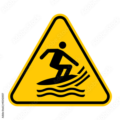 Surf craft area sign. Vector illustration of yellow triangle warning sign with surfer icon inside. Caution surfboard collide with people in water. Surf skis, surf kayaks symbol.