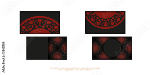 Business card design in black with red ornaments. Stylish business cards with space for your text and luxurious patterns.