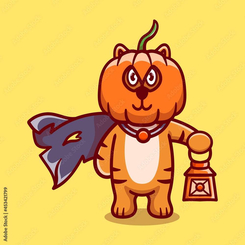 Obraz premium cute halloween pumpkin head tiger illustration carrying a lantern