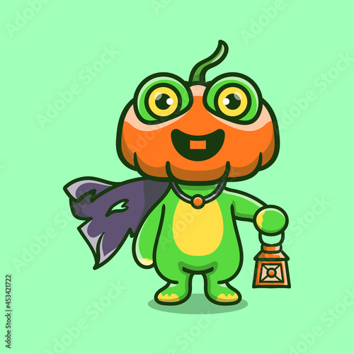 cute halloween pumpkin head frog illustration carrying a lantern