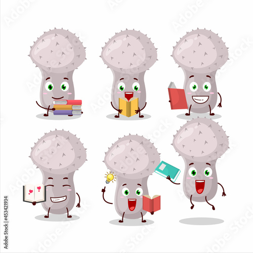 A picture of puffball cartoon character concept reading an amusing book