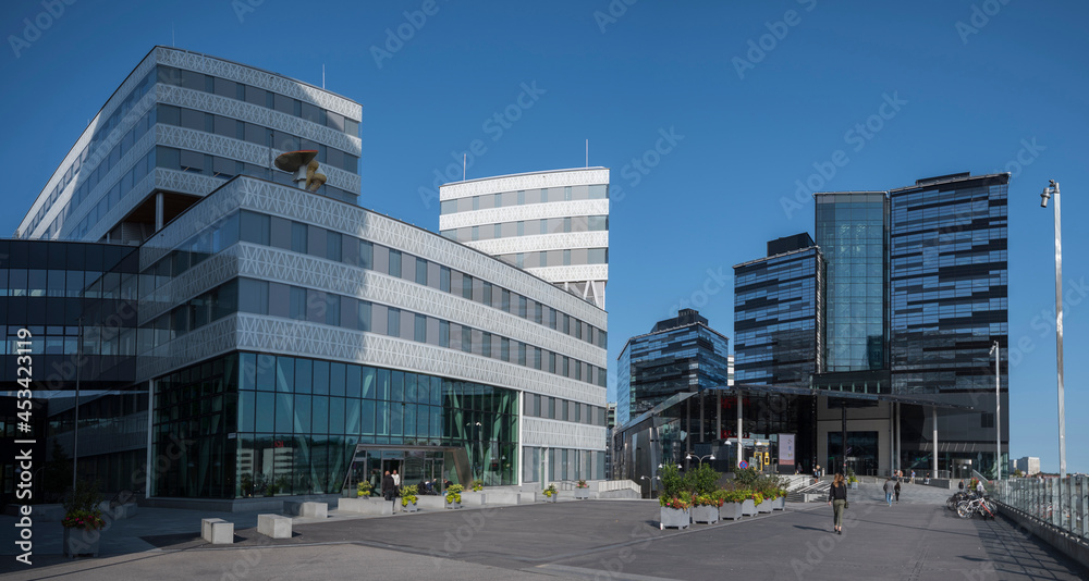 Modern buildings with various angels and shapes forming a cluster in the district Solna in northern Stockholm