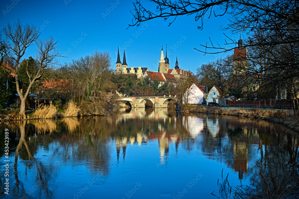 Merseburger Dom St. Johannes und St. Laurentius , Schloss Merseburg , Neumarktbrücke und Neumarktkirche St. Thomae an der Saale in Merseburg.