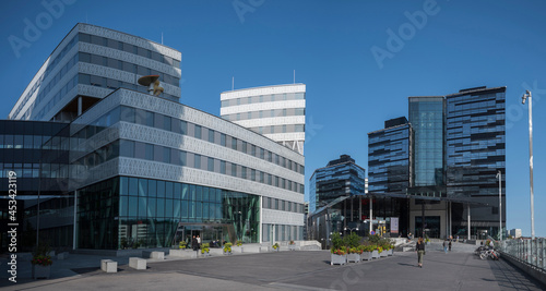 Modern buildings with various angels and shapes forming a cluster in the district Solna in northern Stockholm