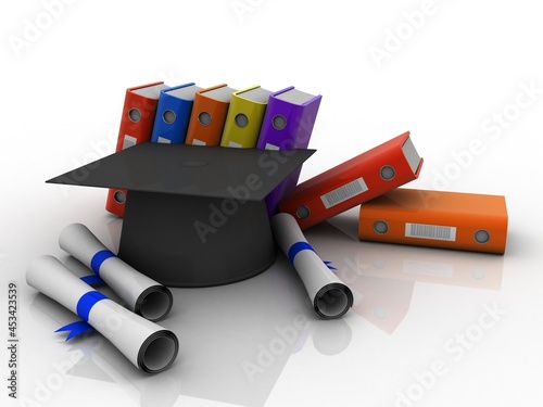 3d rendering education graduate cap with office files