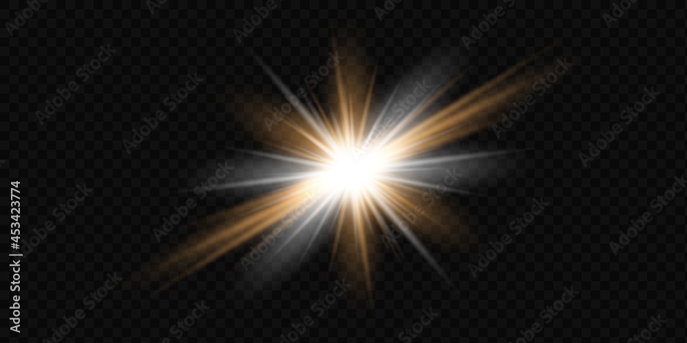 Yellow glowing light explodes on a transparent background. Sparkling magical dust particles. Bright Star. Transparent shining sun, bright flash. Vector sparkles. To center a bright flash