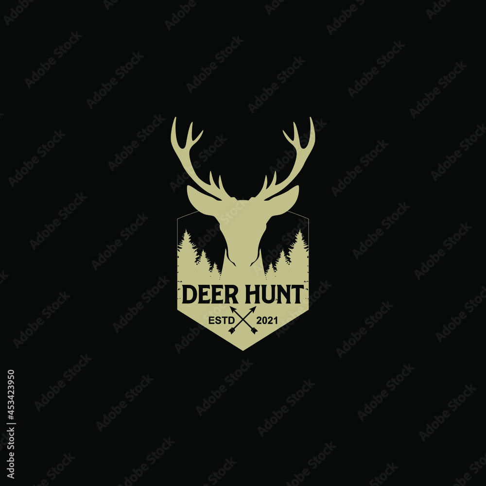 deer hunter logo. deer vector illustration. wilderness logo design. Pine trees. deer head logo deer hunter logo. deer vector illustration. wilderness logo design. Pine trees. deer head logo
