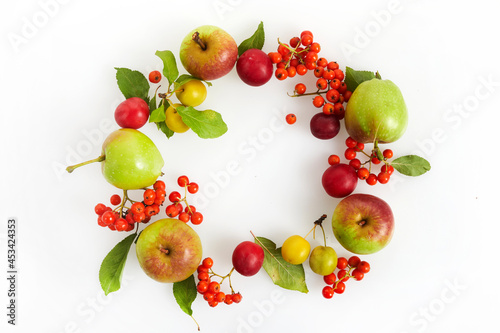 Round frame with Autumn yellow, orange and red vegetables and fruits on white wooden background, top view, flat lay. Autumn background.