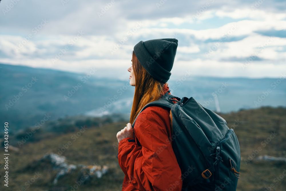 woman tourist shopkins backpack mountains extreme fresh air