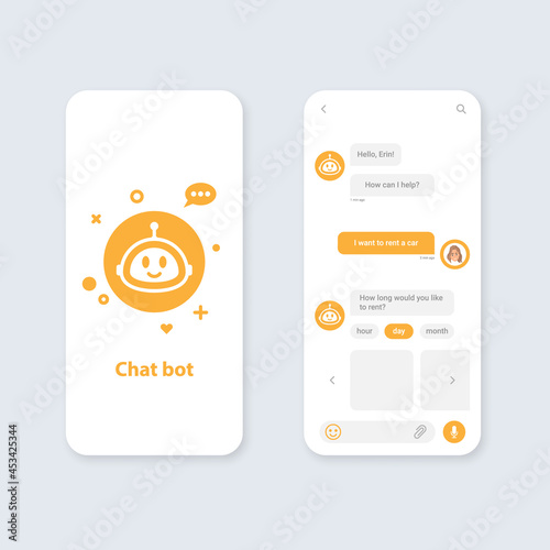 Chat bot mobile application dialog box template concept. UI UX elements for web design.