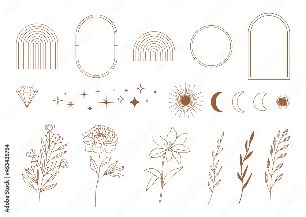 Set of minimal boho linear symbols. Celestial concept. Frame, arch, hands, florals, sun, stars and moon elements. Vector  design collection for logo design, social media posts, stories. Branding. - obrazy, fototapety, plakaty 