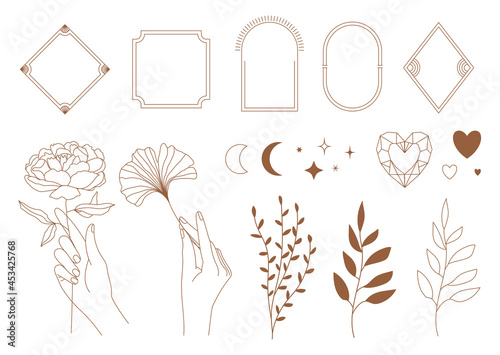 Set of minimal boho linear symbols. Celestial concept. Frame, arch, hands, florals, sun, stars and moon elements. Vector design collection for logo design, social media posts, stories. Branding.