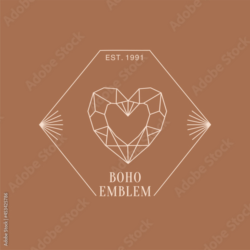 Minimal bohemian logo in linear style. Crystal, sun and frame. Vector boho icon for handmade products, jewelry, cosmetics, wedding concept illustrations etc. Branding.