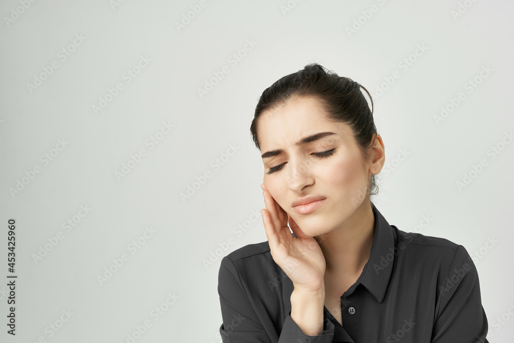 woman in black shirt headache discontent trouble health problems woman in black shirt headache discontent trouble health problems