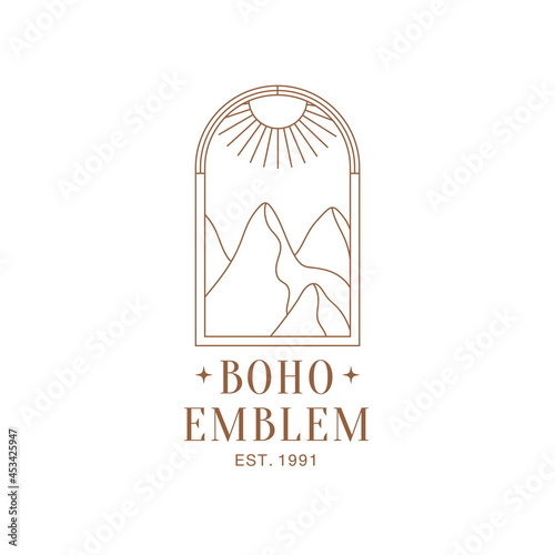 Minimal boho landscape logo. Of the moon and the sun concept. Mountains, nature, sun and sunburst. Vector icon for handmade products, social media posts, travel concept illustrations etc. Branding.