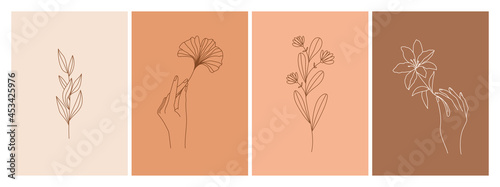 Set of boho backgrounds in simple linear style. Flower, hands, branch and leaves element. Template for social media stories, posts, poster etc. Vector nature design.