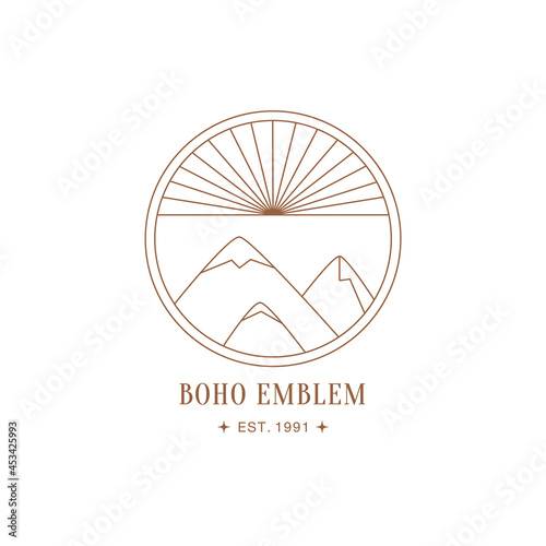 Minimal boho landscape logo. Of the moon and the sun concept. Mountains, nature, sun and sunburst. Vector icon for handmade products, social media posts, travel concept illustrations etc. Branding.