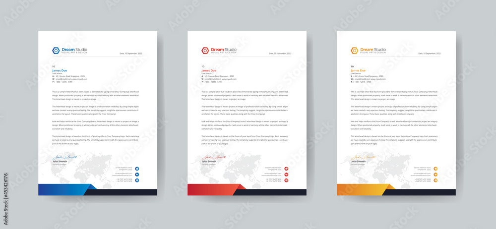 Professional business letterhead design in 3 Colorful Accents Template for corporate office. Vector design illustration. Simple & creative modern letterhead design template 