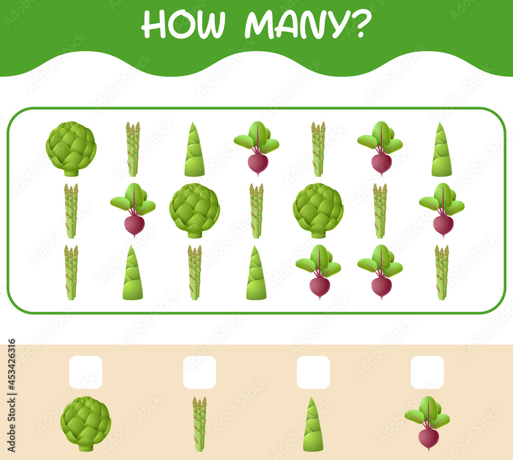 How many cartoon vegetables. Counting game. Educational game for pre shool years kids and toddlers