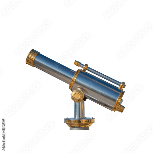 Big old antique metal telescope isolated at white background. Concept of exploration, education and travel.