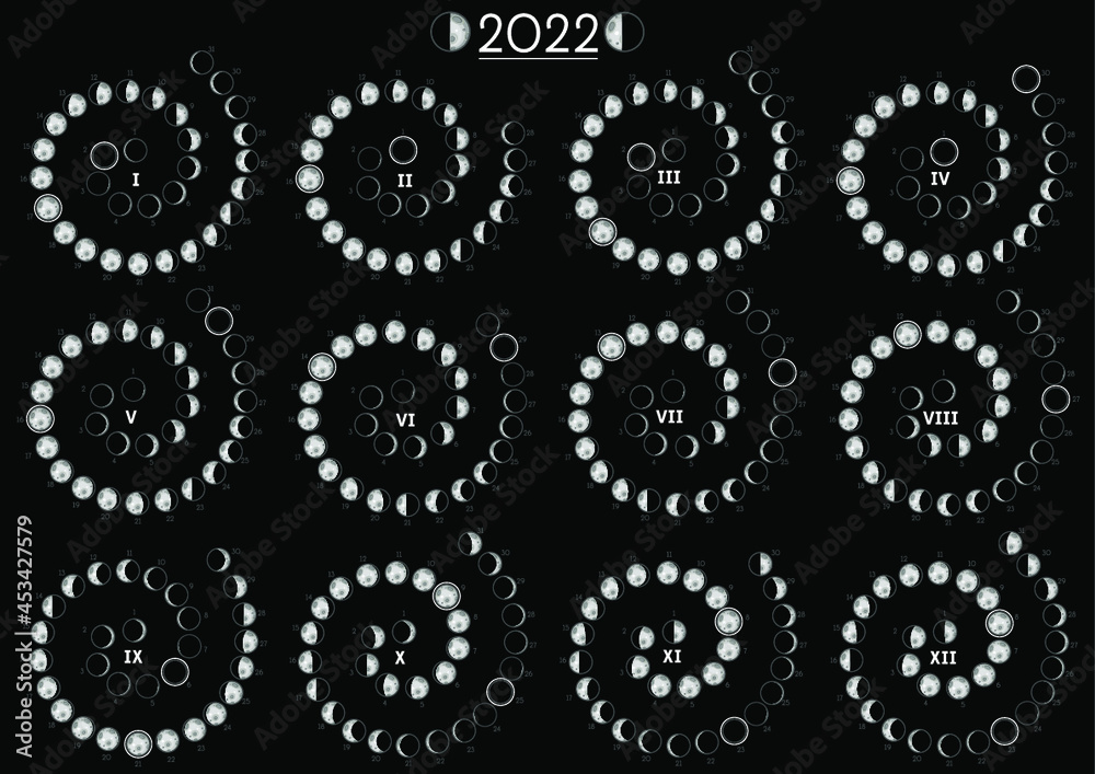 Moon Calendar 2022 Northern Hemisphere Black 12 months separated Moon Calendar 2022 Northern Hemisphere Black 12 months separated