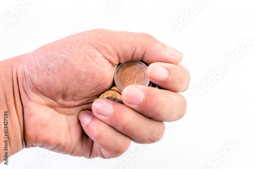 handful with money coin thai baht, money coin in a hand