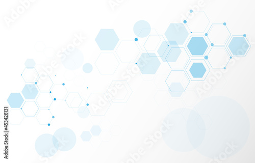 Geometric abstract background with blue hexagons. Structure molecule and communication. Science, technology and medical concept. Vector illustration