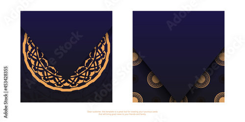 Luxurious Ready-to-Print blue color postcard design with lavish patterns. Invitation card template with place for your text and vintage ornaments.