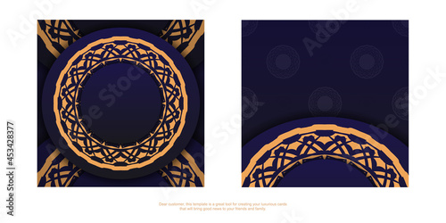 Luxurious Ready-to-Print blue color postcard design with lavish patterns. Invitation card template with place for your text and vintage ornaments.
