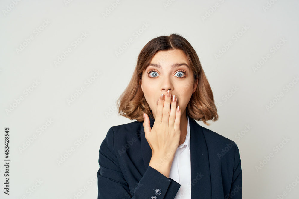 cheerful woman in suit work documents office manager posing cheerful woman in suit work documents office manager posing