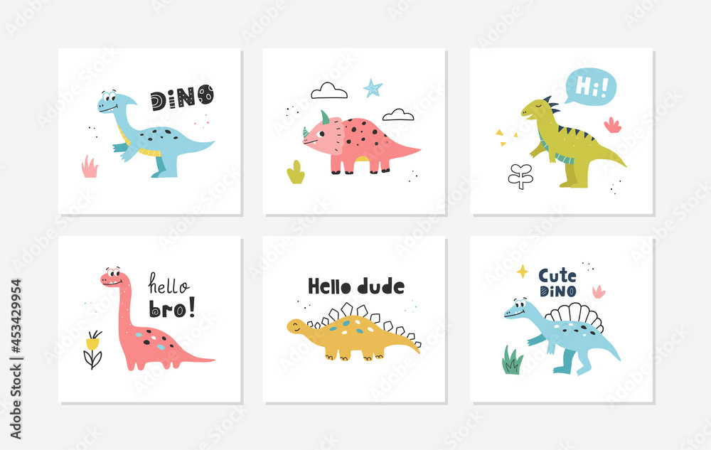 Posters with cute dinosaurs. Vector design for baby room, greeting cards, t-shirts.