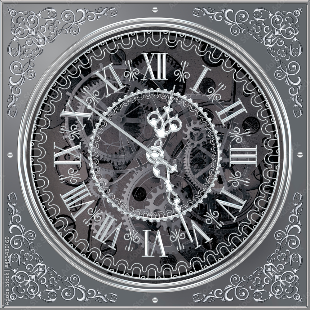 3-D ceiling painting in Classic style, dark grey clock face, chrome-plated clock hands, silver ornaments, dark grey clockwork, silver clock gears
