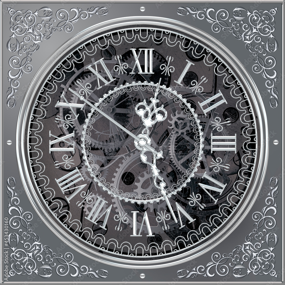 3-D ceiling painting in Classic style, dark grey clock face, chrome-plated clock hands, silver ornaments, dark grey clockwork, silver clock gears 3-D ceiling painting in Classic style, dark grey clock face, chrome-plated clock hands, silver ornaments, dark grey clockwork, silver clock gears