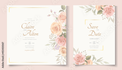 Elegant wedding card template with blooming rose ornament