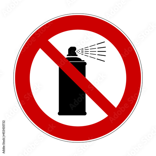 No spray sign. Vector illustration of red crossed out circle sign with spray can icon inside. No painting prohibition symbol. Graffiti is forbidden. Aerosol paint concept.