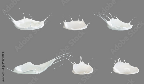 Collection of milk splash crown shape on gray background. Real shot. high quality image