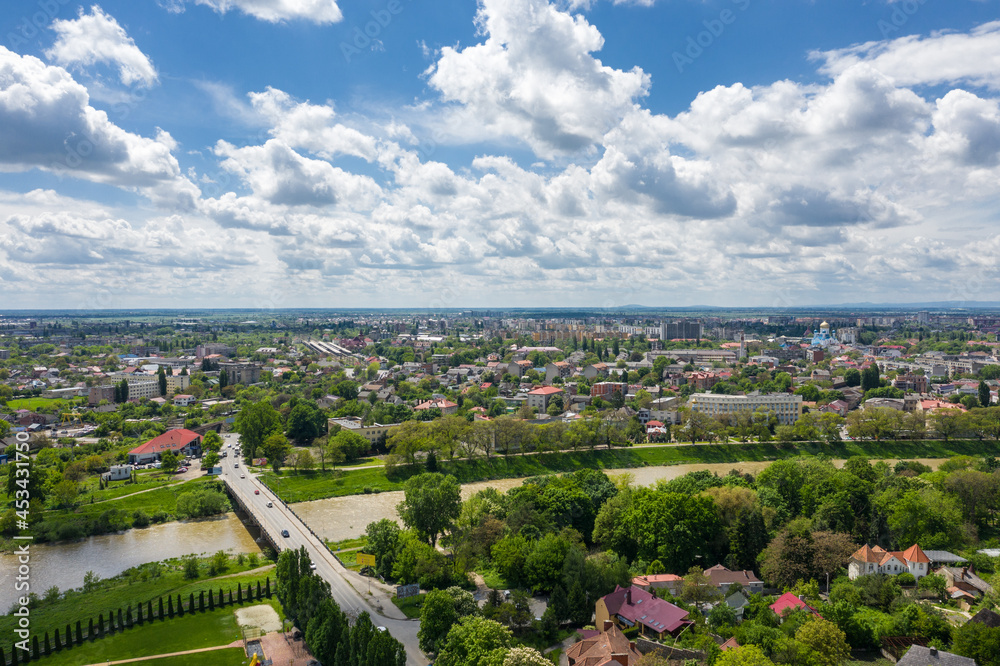 Uzhgorod city Ukraine aerial panorama view near the Uzh river
