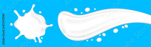 milk splashing for banner, white milk drop splash, droplet milk shape isolated on light blue for banner background