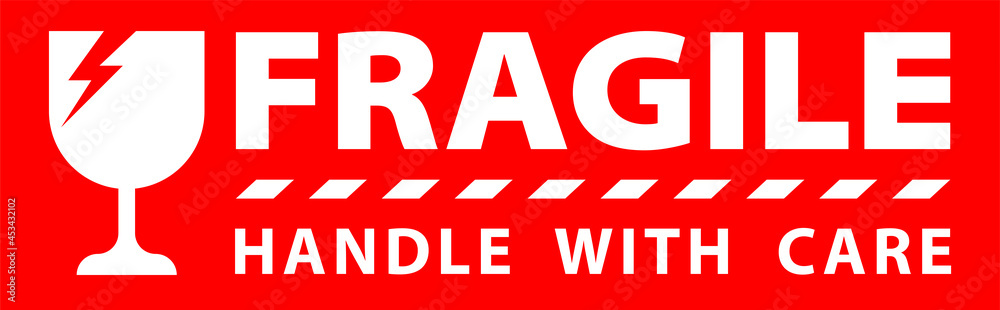 sticker fragile handle with care, red fragile warning label, fragile label with broken glass symbol - obrazy, fototapety, plakaty 