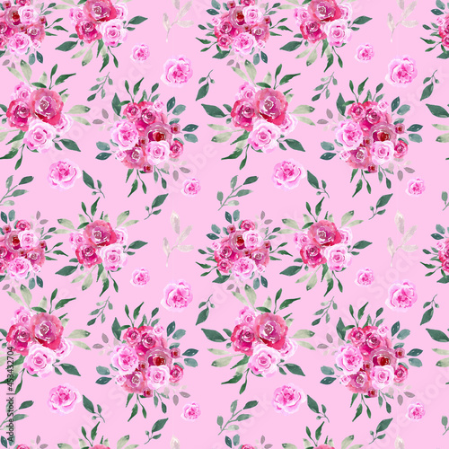 Watercolor seamless pattern. Floral design with greenery and pink roses. Seamless design for backgrounds, prints, etc.