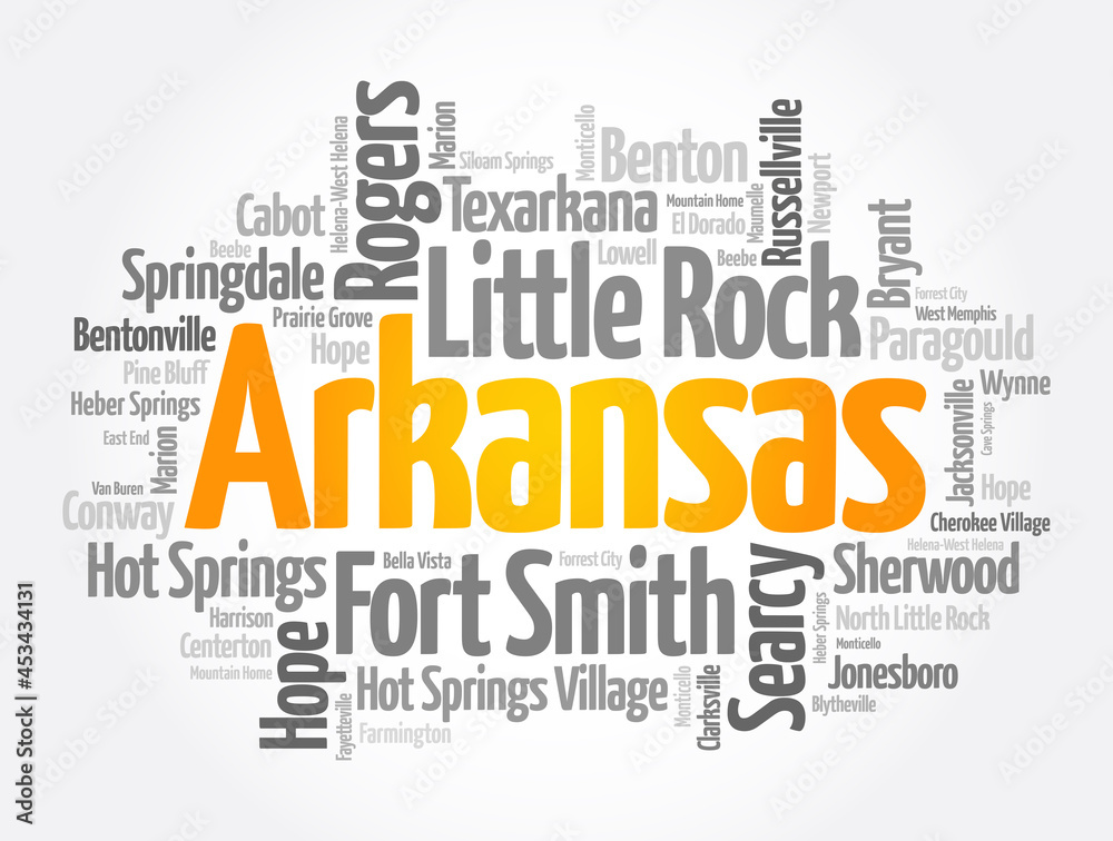 List of cities in Arkansas USA state, word cloud concept background List of cities in Arkansas USA state, word cloud concept background