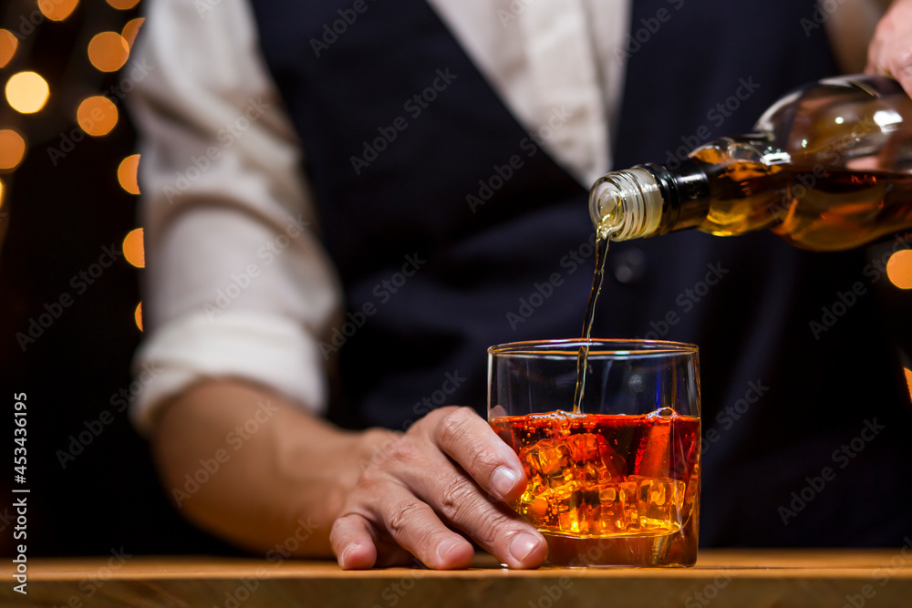 Bartender Serve Whiskey, on wood bar, 