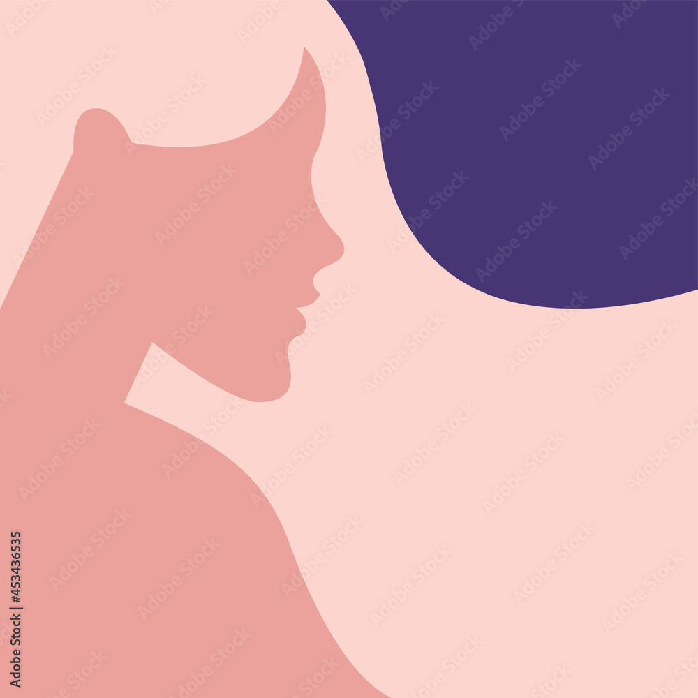 vector flat design ultra minimalist illustration of a beautiful young woman who is turned in profile with a trendy hairstyle in trendy colors. image is isolated. can be used for advertising purposes.