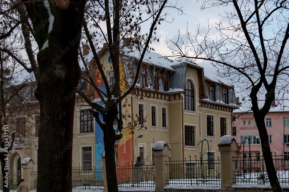 View of the beautiful old building of Vasil Aprilov school in the center of the capital in the winter, Sofia, Bulgaria 