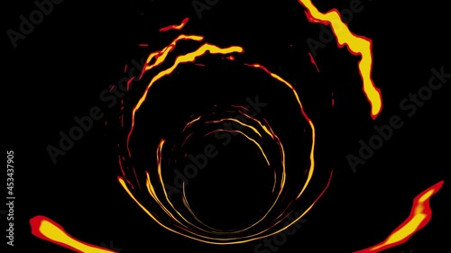 Tunnel on fire with cartoon speed lines. Comic rays on black background. Cartoon design concept. Loop animation.