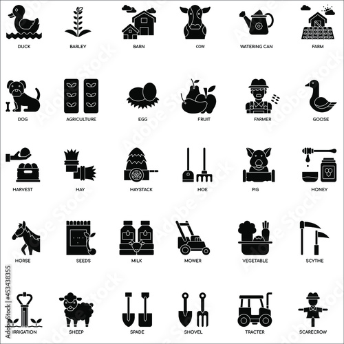 Black and white Farming collection flat vector icon set